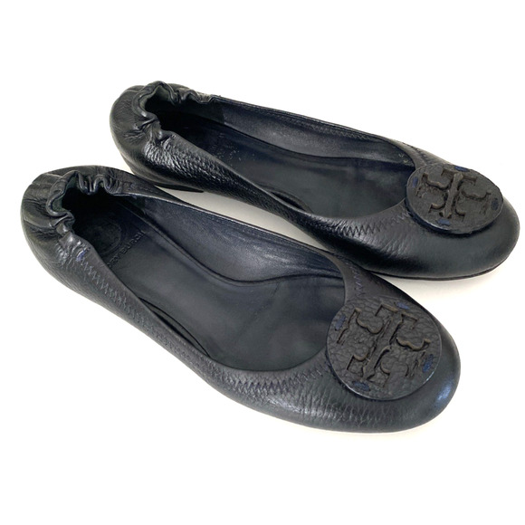 TORY BURCH Classic Minnie Ballet Flat Black Leather Logo Slip On Round Toe 7.5 - Picture 2 of 10